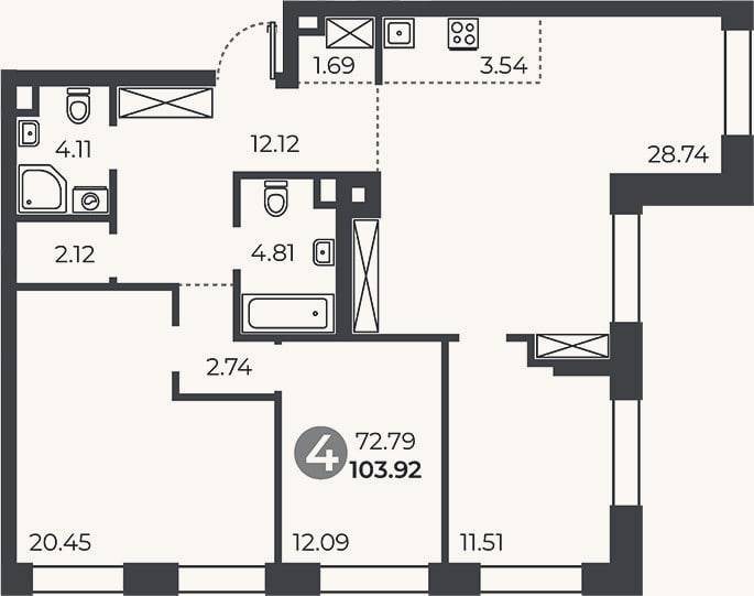 Планировка: 3-к, 103,9 м²