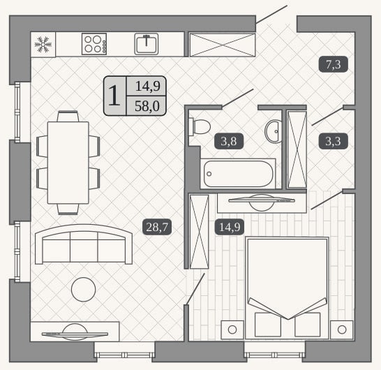 Планировка: 2-к, 58 м²