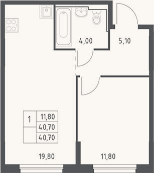 Планировка: 2-к, 40,7 м²