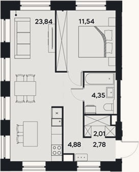 Планировка: 2-к, 49,4 м²