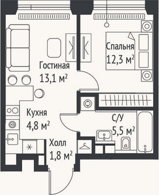 Планировка: 2-к, 37,5 м²