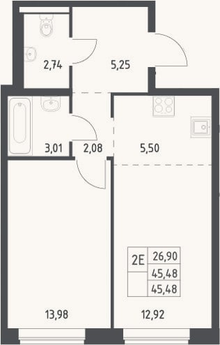 Планировка: 2-к, 45,5 м²