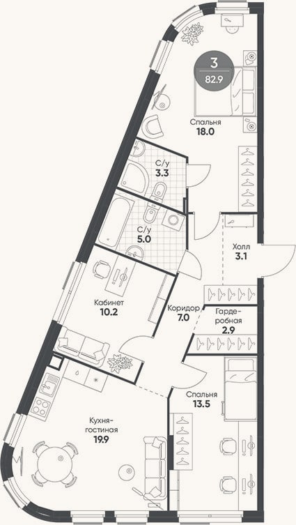 Планировка: 4+ к, 82,9 м²