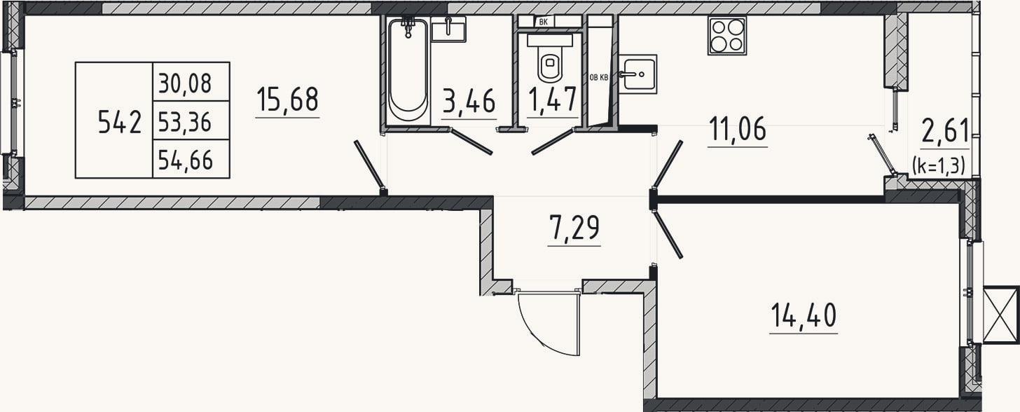 Планировка: 2-к, 53,4 м²