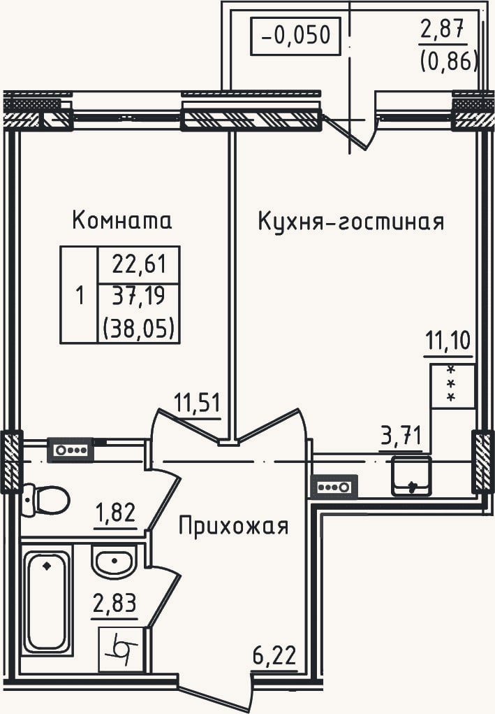 Планировка: 2-к, 37,2 м²