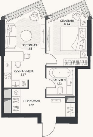 Планировка: 2-к, 42,2 м²
