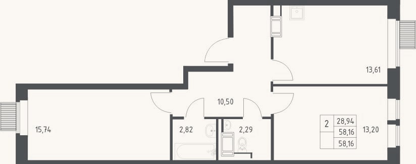 Планировка: 2-к, 58,2 м²