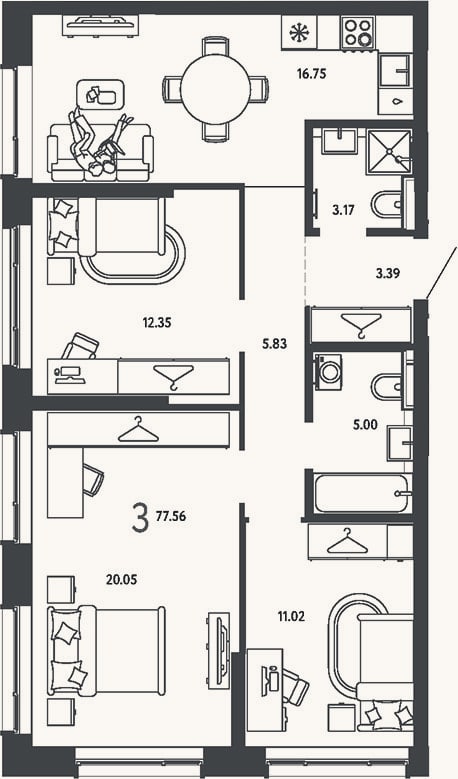Планировка: 3-к, 77,6 м²