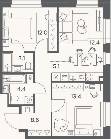 Планировка: 3-к, 59 м²