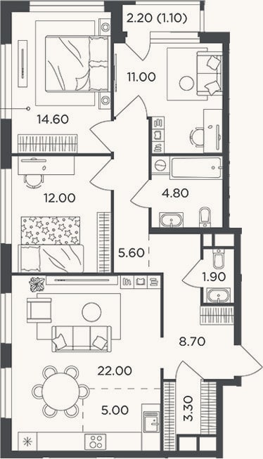 Планировка: 4+ к, 88,9 м²