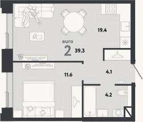 Планировка: 2-к, 39,3 м²