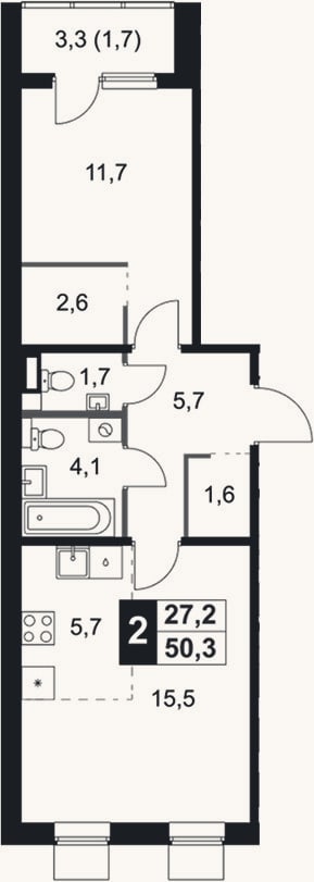 Планировка: 2-к, 48,6 м²