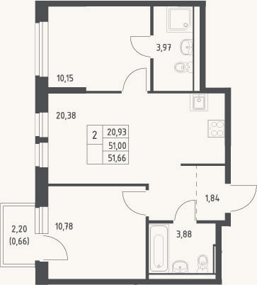 Планировка: 3-к, 51 м²