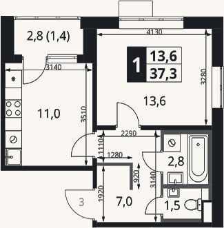 Планировка: 1-к, 35,9 м²