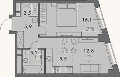 Планировка: 2-к, 48,1 м²