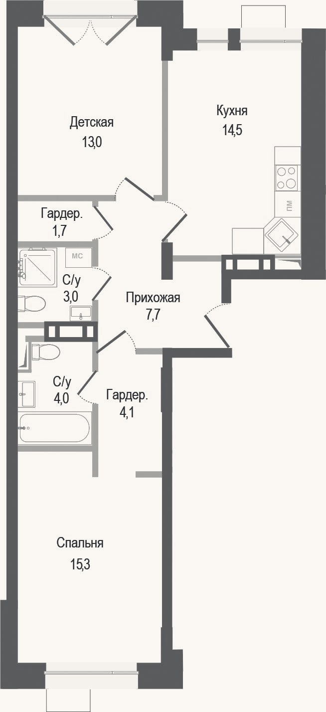 Планировка: 2-к, 63,3 м²