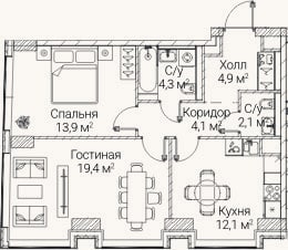 Планировка: 2-к, 60,8 м²