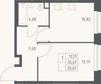 Планировка: 1-к, 35,7 м²