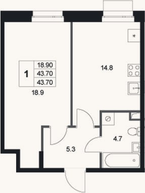 Планировка: 1-к, 43,7 м²