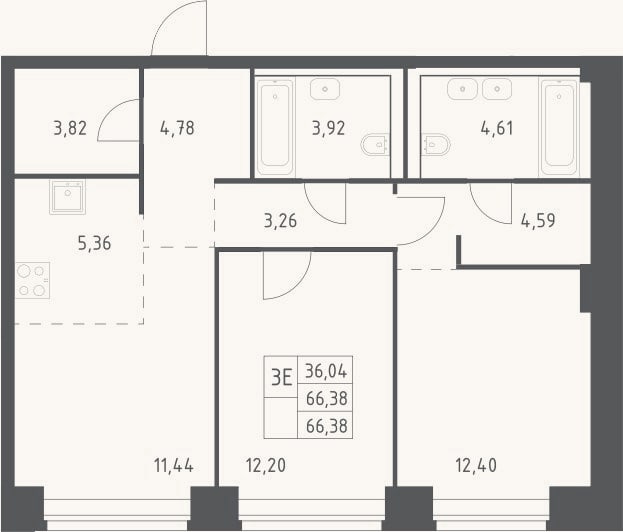 Планировка: 3-к, 66,4 м²