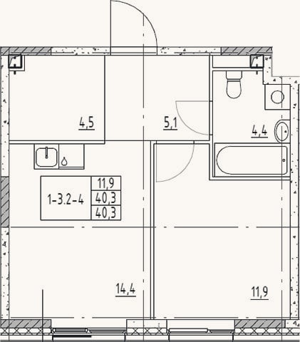 Планировка: 1-к, 40,3 м²
