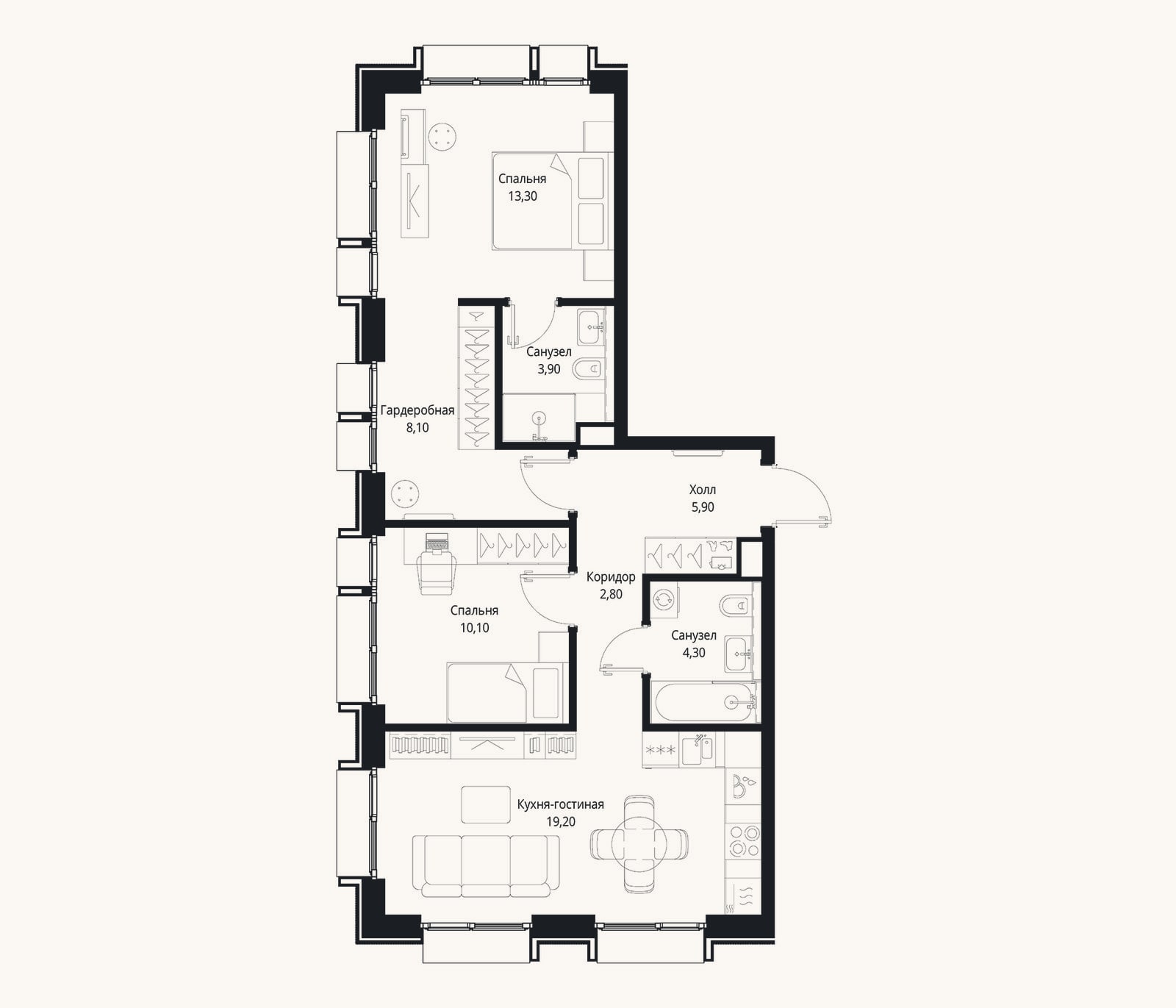 Планировка: 3-к, 67,6 м²