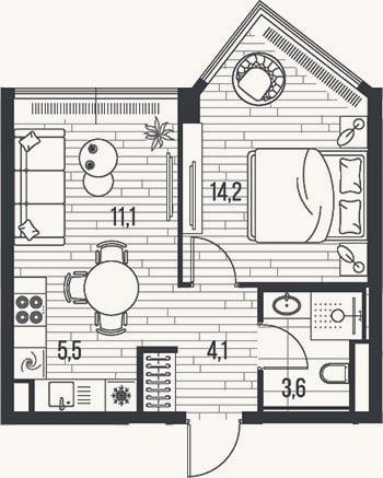 Планировка: 2-к, 38,5 м²