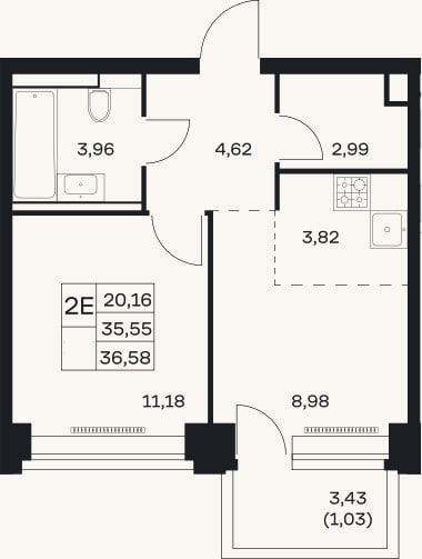 Планировка: 2-к, 35,6 м²