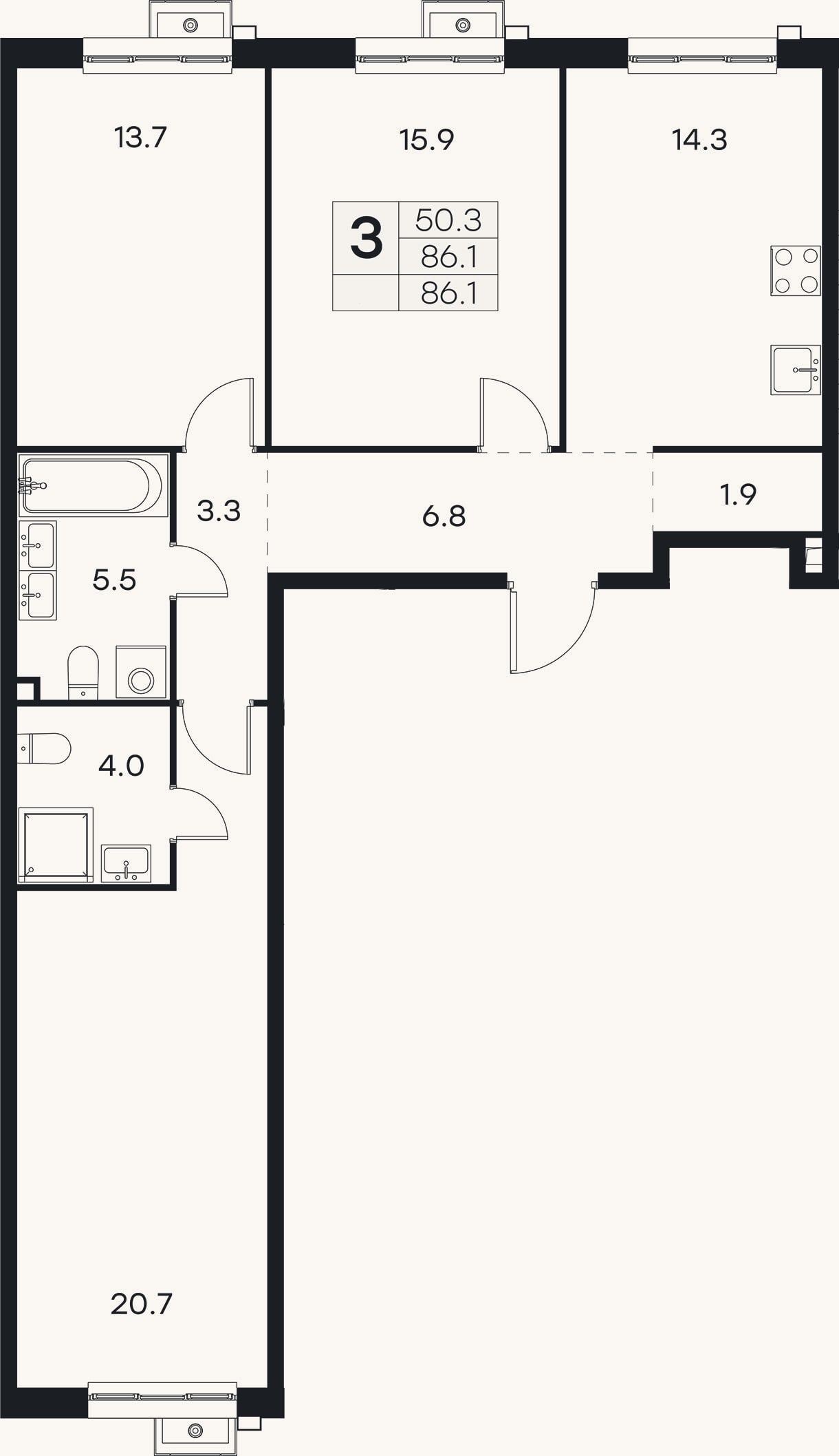 Планировка: 3-к, 86,1 м²