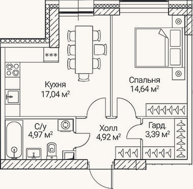 Планировка: 2-к, 45 м²