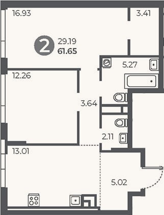 Планировка: 2-к, 61,7 м²