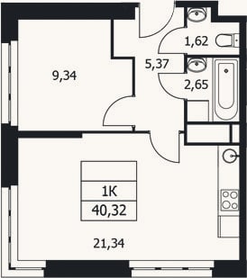 Планировка: 1-к, 40,3 м²