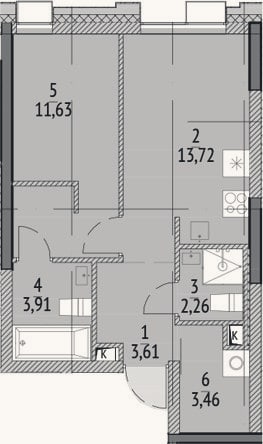 Планировка: 1-к, 38,6 м²