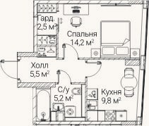 Планировка: 1-к, 37 м²