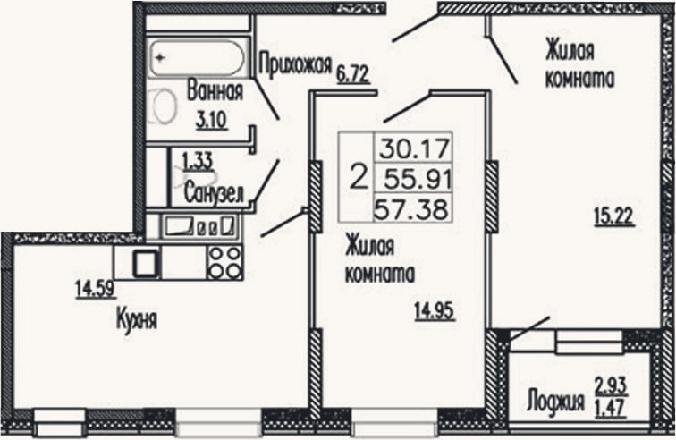 Планировка: 2-к, 55,9 м²