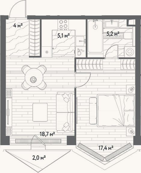 Планировка: 2-к, 50,4 м²