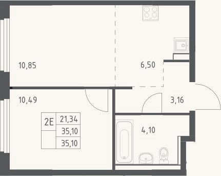 Планировка: 2-к, 35,1 м²