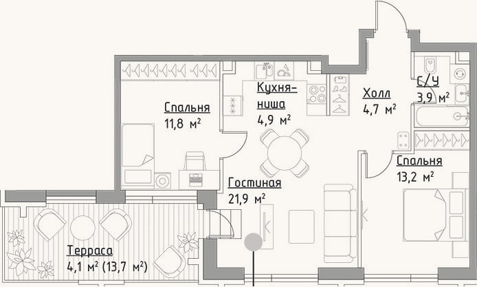 Планировка: 3-к, 60,4 м²