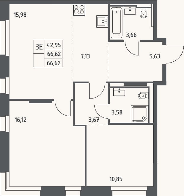 Планировка: 3-к, 66,6 м²