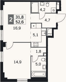 Планировка: 2-к, 52,6 м²