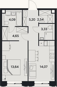 Планировка: 1-к, 47,5 м²