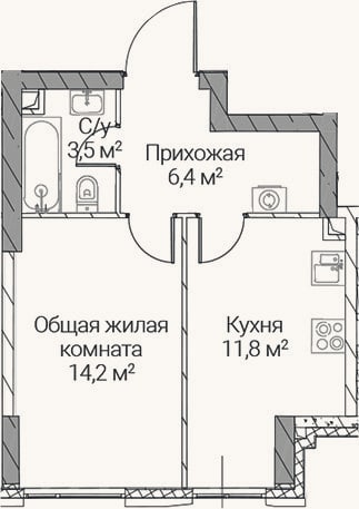 Планировка: 1-к, 35,9 м²