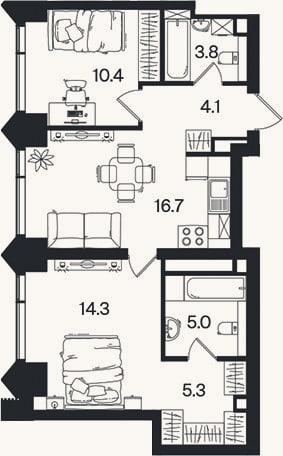 Планировка: 3-к, 59,6 м²