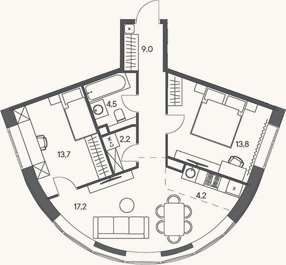 Планировка: 3-к, 64,6 м²