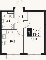 Планировка: 1-к, 35 м²