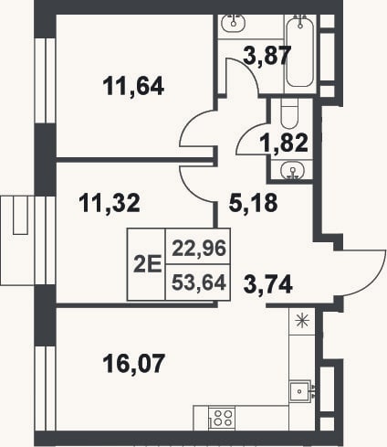 Планировка: 2-к, 53,6 м²
