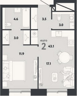Планировка: 2-к, 43,1 м²