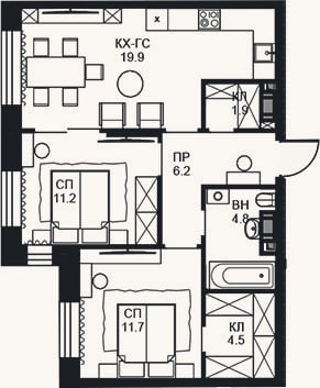 Планировка: 2-к, 60,2 м²