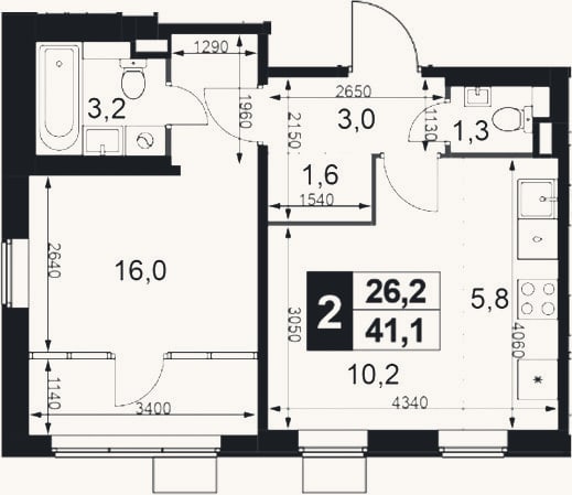 Планировка: 2-к, 40,8 м²