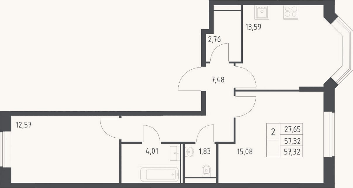 Планировка: 2-к, 57,3 м²